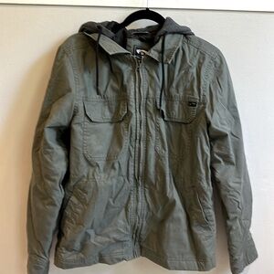 Billabong men’s army green canvas jacket, dark grey detachable hood, size small